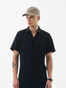 Snitch Black Classic Slim Fit Self Design Casual Shirt