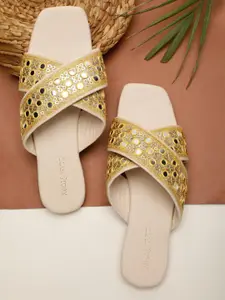 GLAM STORY Ethnic Mirror Work Embellished Genuine Leather Cross Strap Open Toe Flats