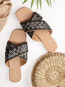GLAM STORY Mirror Work Embellished Cross Strap Flats