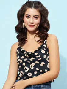 Berrylush Black Abstract Printed Cowl Neck Top