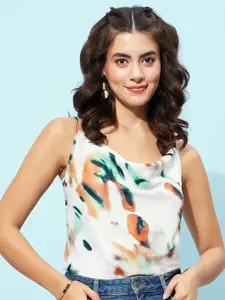 Berrylush White Abstract Printed Cowl Neck Top