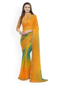 Shaily Orange & Green Pure Chiffon Bandhej Printed Saree