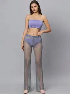 Ashtag Crop Tube Top & Embellished Sheer Trousers With Underpants
