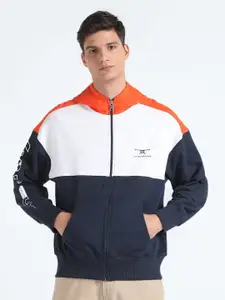 Flying Machine Colourblocked Hooded Front Open Pure Cotton Sweatshirt