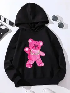 StyleCast Girls Black & Pink Typography Printed Hooded Pullover