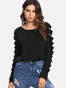 Dracht Round Neck Long Sleeves Cut Out Cotton Top