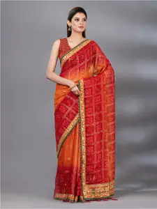 MAHALASA Red & Orange Bandhani Embroidered Art Silk Bandhani Saree