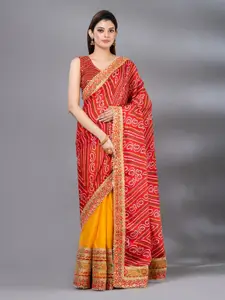 MAHALASA Red & Yellow Bandhani Embroidered Art Silk Bandhani Saree