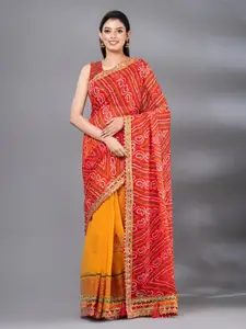 MAHALASA Red & Yellow Bandhani Embroidered Art Silk Bandhani Saree