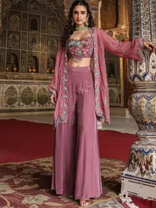 SCAKHI Embroidered Pure Silk Crop Top With Palazzo & Shrug