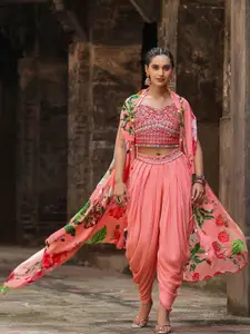 SCAKHI Floral Printed Embroidered Pure Silk Crop Top With Dhoti Pants & Shrug