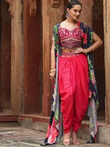 SCAKHI Embroidered Pure Silk Crop Top With Dhoti Pants & Shrug