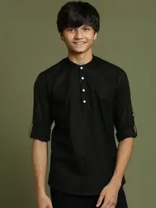 VASTRAMAY Boys Cotton Band Collar Roll-Up Sleeves Kurta