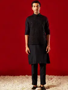 VASTRAMAY Mandarin Collar Long Sleeve Sequinned Kurta Set & Nehru jacket
