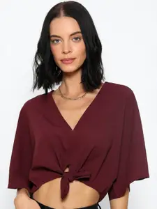 Dracht V-Neck Flared Sleeves Front Knot Crepe Crop Top