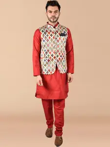PRINTCULTR Regular Pure Silk Kurta & Trousers With Nehru jacket