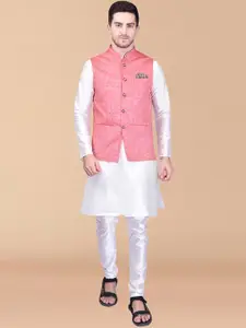 PRINTCULTR Mandarin Collar Regular Pure Silk Kurta With Trousers & Nehru jacket