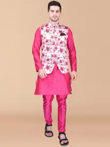 PRINTCULTR Long Sleeves Pure Silk Kurta with Trousers And Floral Printed Nehru jacket