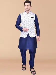 PRINTCULTR Long Sleeves Pure Silk Kurta with Trousers And Printed Nehru jacket