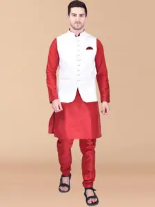 PRINTCULTR Mandarin Collar Straight Pure Silk Kurta With Trousers & Nehru Jacket
