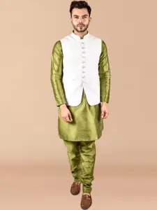 PRINTCULTR Mandarin Collar Straight Pure Silk Kurta With Trousers & Nehru Jacket