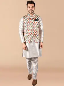 PRINTCULTR Mandarin Collar Straight Pure Silk Kurta With Trousers & Printed Nehru Jacket
