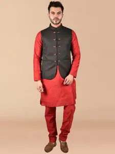 PRINTCULTR Mandarin Collar Pure Silk Kurta with Trousers With Nehru Jacket