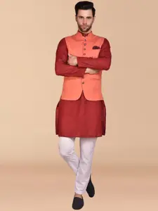 PRINTCULTR Mandarin Collar Pure Cotton Straight Kurta & Trousers With Nehru jacket