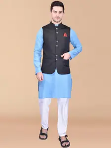 PRINTCULTR Band Collar Pure Cotton Straight Kurta With Trouser & Nehru Jacket