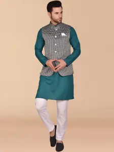 PRINTCULTR Mandarin Collar Pure Cotton Straight Kurta & Trousers With Nehru jacket