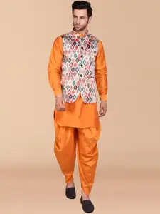 PRINTCULTR Band Collar Pure Silk Straight Kurta & Dhoti Pants with Nehru jacket