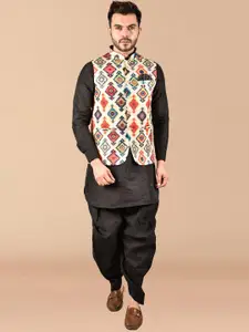 PRINTCULTR Pure Silk Mandarin Collar Kurta With Dhoti Pant & Nehru jacket