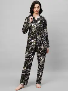DRAPE IN VOGUE Black Floral Printed Pure Cotton Night suit