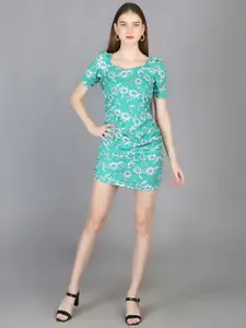 Chemistry Floral Printed Sweetheart Neck Puffed Sleeves Ruched Sheath Mini Dress