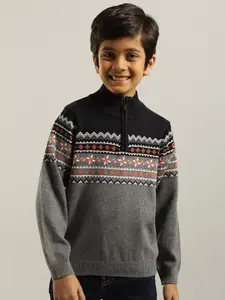 Indian Terrain Boys Fair Isle Printed Mock Collar Half Zipper Pure Cotton Pullover Sweater