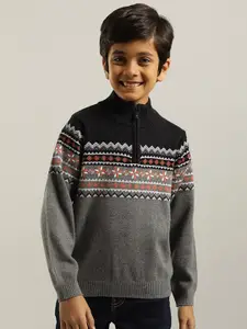 Indian Terrain Boys Geometric Printed Stand Collar Pure Cotton Pullover