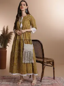 Anouk Mustard Yellow Floral Printed A-Line Pure Cotton Ethnic Dress