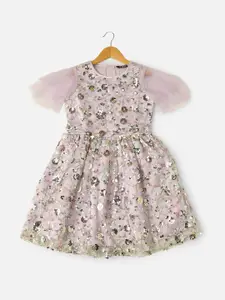Allen Solly Junior Girls Embellished Flared Sleeves Gathered Fit and Flare Dress