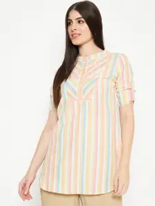 Ruhaans Striped Cotton Band Collar Top