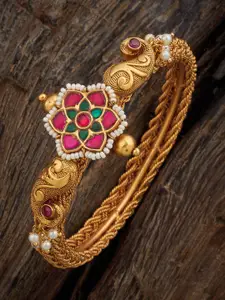 Kushal's Fashion Jewellery Women Red & Green Antique Gold-Plated Kada Bracelet