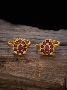 Kushal's Fashion Jewellery Set of 2 Gold-Plated Ruby Stone Studded  Antique Toe Rings