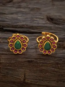 Kushal's Fashion Jewellery Set of 2 Gold-Plated Ruby Stone Studded  Antique Toe Rings