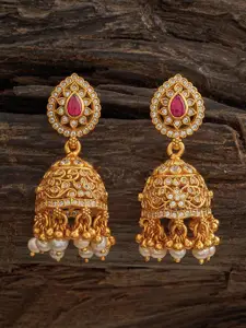 Kushal's Fashion Jewellery 92.5 Pure Silver Gold-Plated Classic Stone Studded Temple Jhumkas