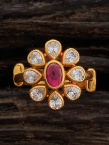 Kushal's Fashion Jewellery Gold-Plated Ruby Stone Studded Temple Finger Ring