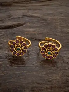 Kushal's Fashion Jewellery Set of 2 Gold-Plated Ruby Stone Studded Antique Toe Rings