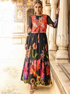 SCAKHI Floral Printed Gown Maxi Ethnic Dresses With Jacket