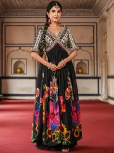 SCAKHI Floral Embellished Sequinned Gown Maxi Ethnic Dresses
