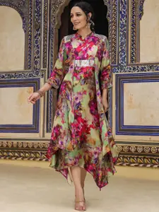 SCAKHI Floral Printed Embroidered Detailed Silk A-Line Midi Ethnic Dress