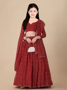 BAESD Girls Red Printed Semi-Stitched Lehenga & Unstitched Blouse With Dupatta