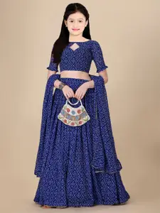 BAESD Girls Blue Printed Semi-Stitched Lehenga & Unstitched Blouse With Dupatta